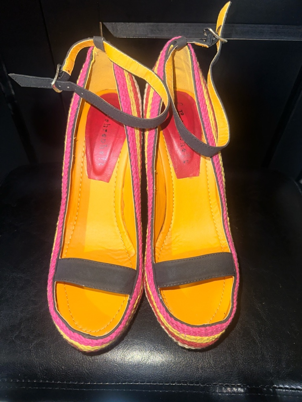 Fahrenheit Yellow & Pink Espadrille Wedge Sandals with Black Straps